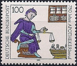 A German stamp commemorating 750 years of apothecary scales